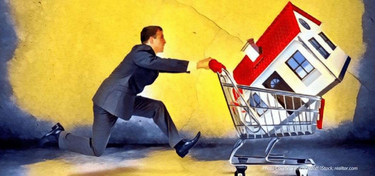 Cartoon Man Pushing House in a Shopping Cart