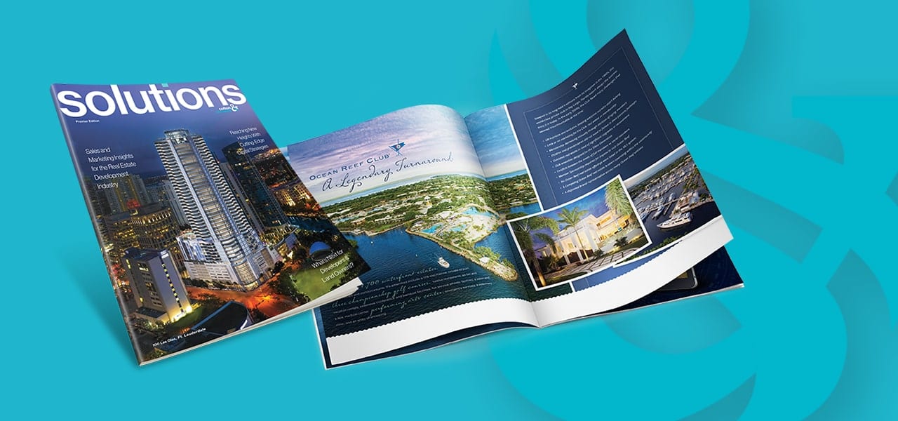 Super imposed image of the Solutions magazine on teal cotton and company logo